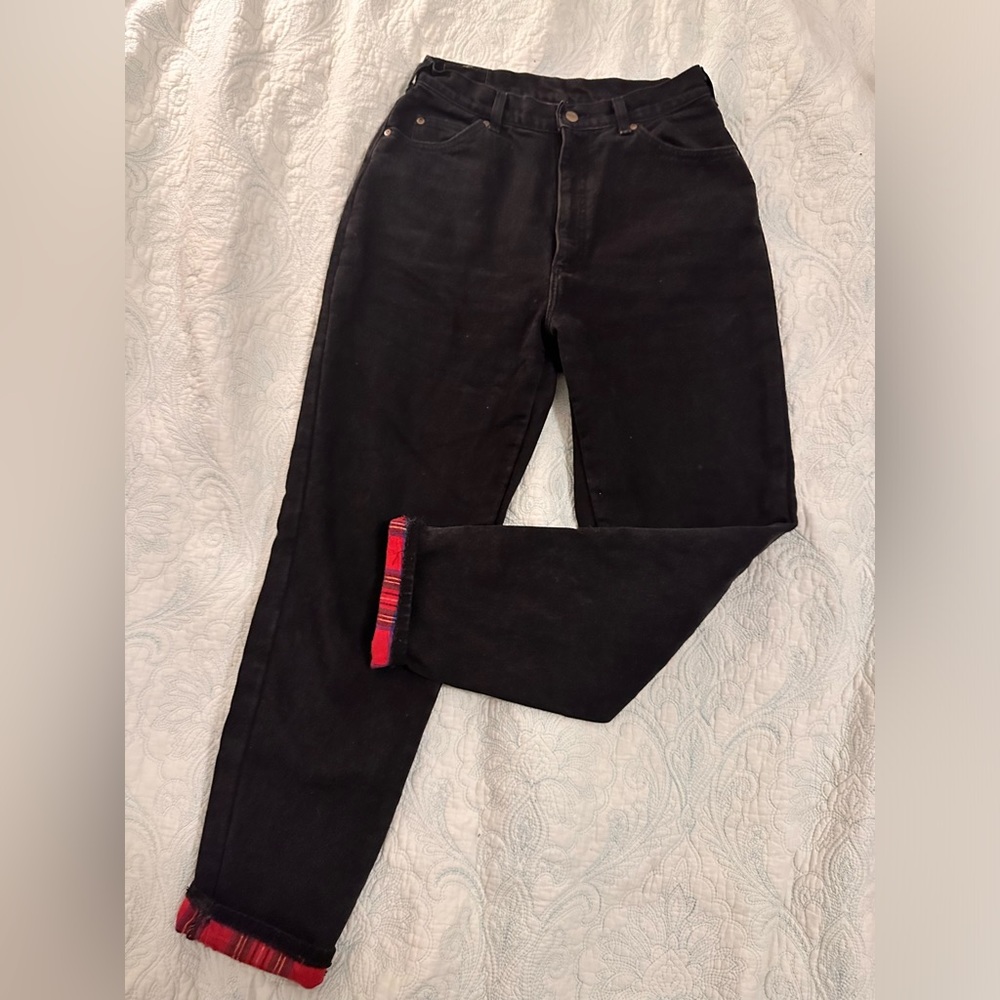 Vintage LL Bean Tartan Plaid Flannel Lined Black Denim Jeans Women’s 29 USA